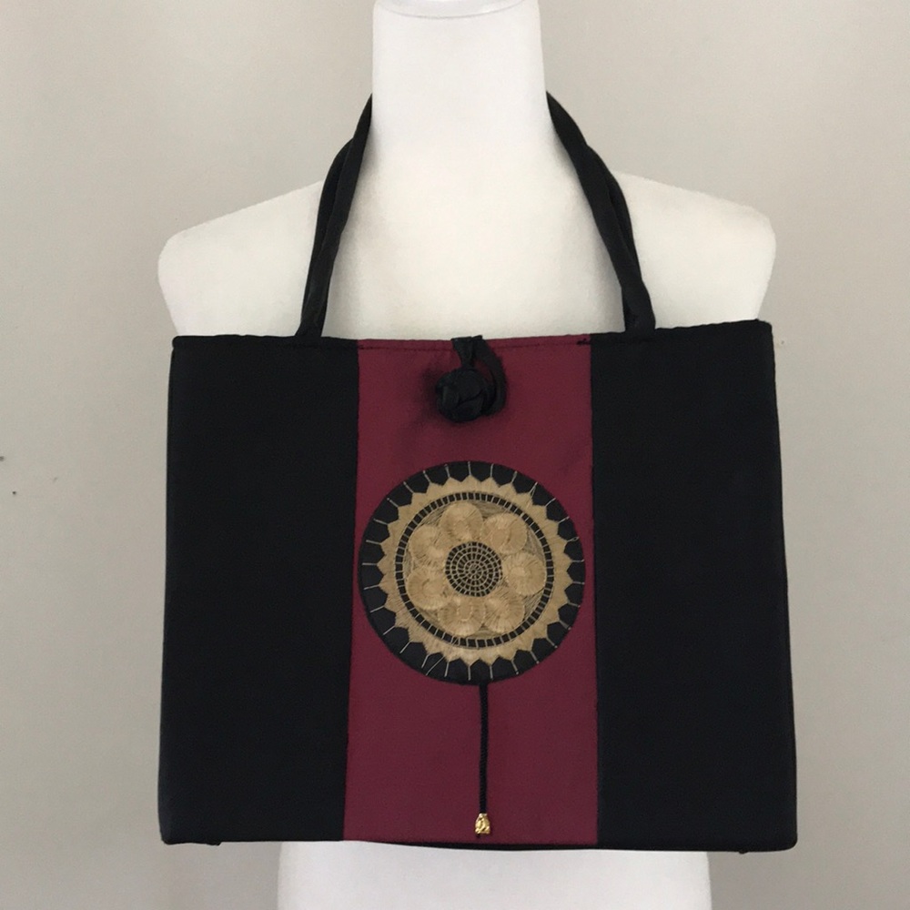 Black /Maroon Asian Inspired Fabric Tote